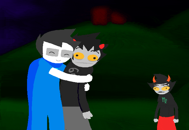 Image of John hugging Karkat, with Kanaya also in frame.
